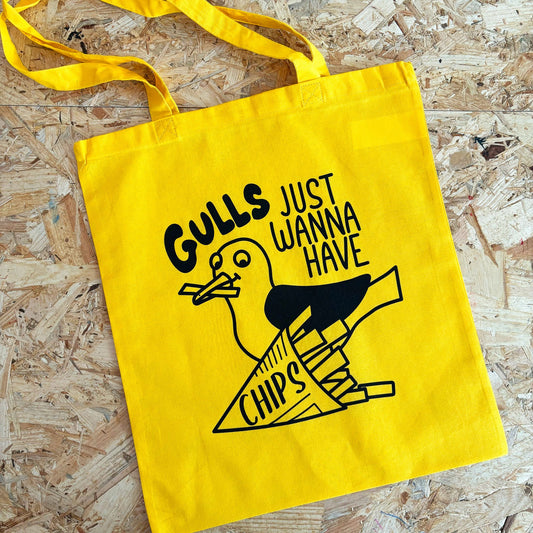 Gulls Just Wanna Have CHIPS yellow Tote Bag for GULLIBLE by Hello Dodo