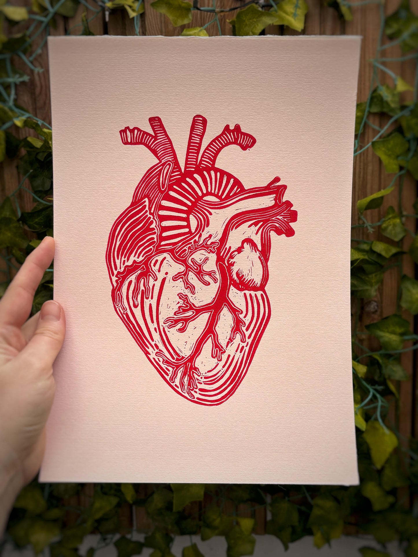 Human heart lino print by Gleeful Hive