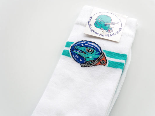 Space astronaut dinosaur white socks by Designosaur