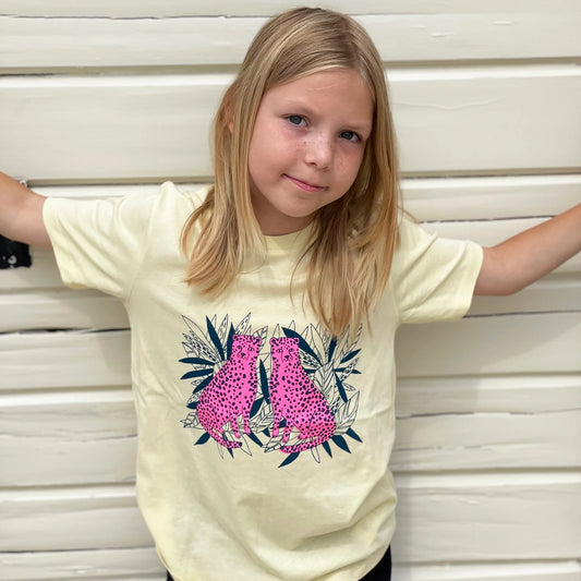 Pale yellow Tshirt with pink twin leopards in leaves Kids Tee by Pinkijones