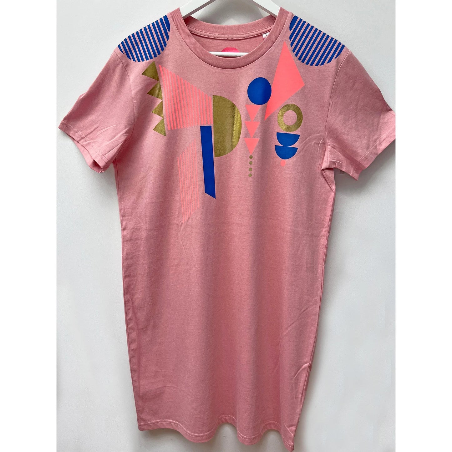 Geometric PatternGold Foil & Neon Pink women's Pink T-shirt dress by Pinkijones