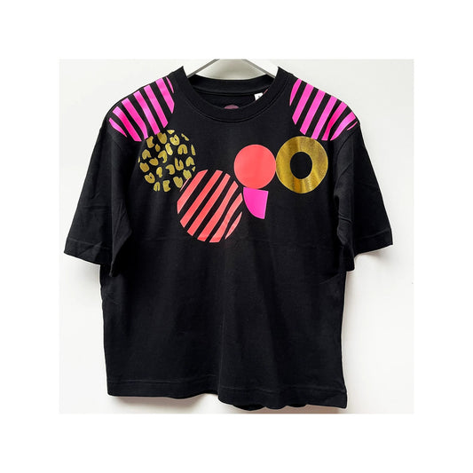 Geometric Gold Foil & Neon Pink women's screenprinted  Black T-shirt by Pinkijones