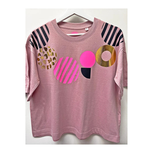 Geometric Pattern Gold Foil & Neon Pink women's screenprinted  Pink T-shirt by Pinkijones