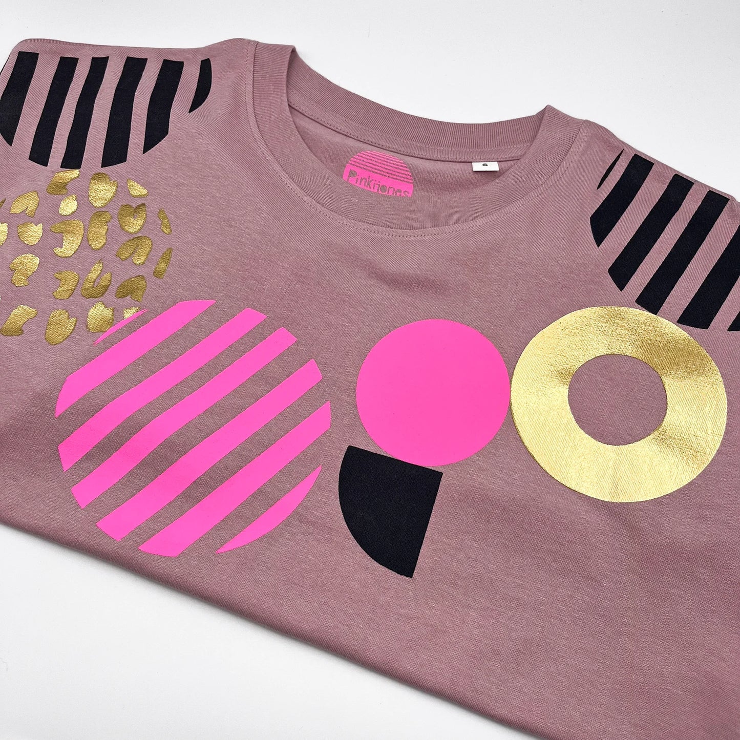 Geometric Pattern Gold Foil & Neon Pink women's screenprinted  Pink T-shirt by Pinkijones