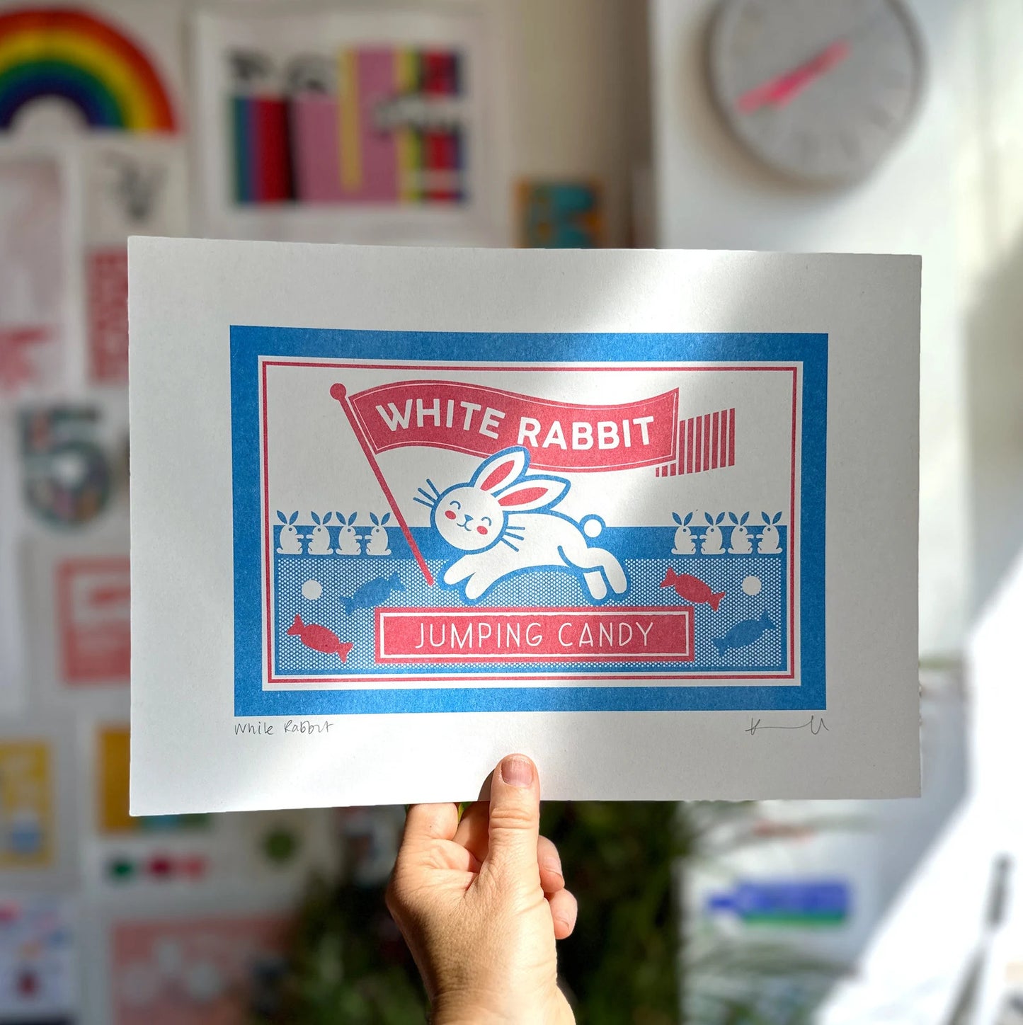 White Rabbit, Jumping Candy A4 Riso Print by Kate Maxwell Studio