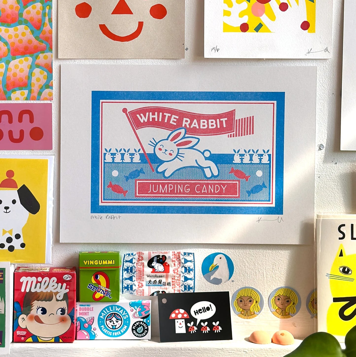 White Rabbit, Jumping Candy A4 Riso Print by Kate Maxwell Studio