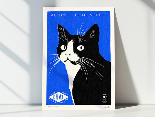 Chat Noir Blanc Cat Signed Matchbox A4 Print by AndMash