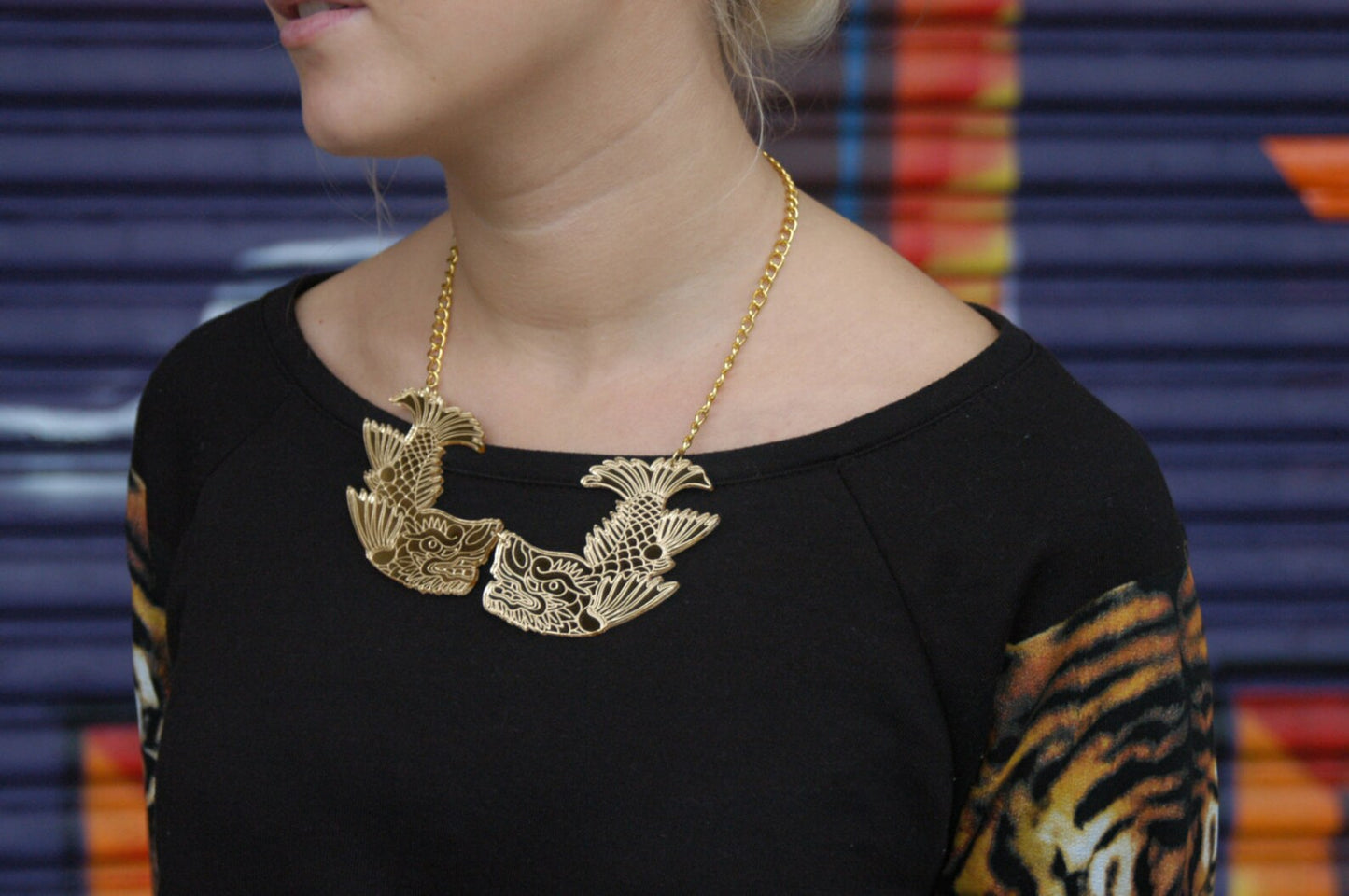 Japanese dolphin Kinshachi statement necklace by Designosaur
