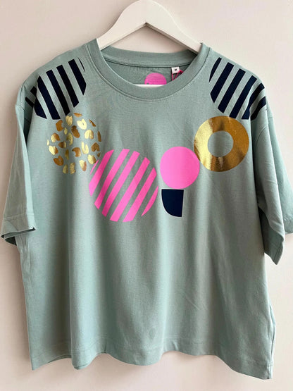 Pale Teal green Geo Boxy T-shirt with gold foil T-shirt by Pinkijones