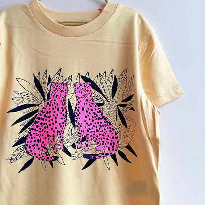 Pale yellow Tshirt with pink twin leopards in leaves Kids Tee by Pinkijones