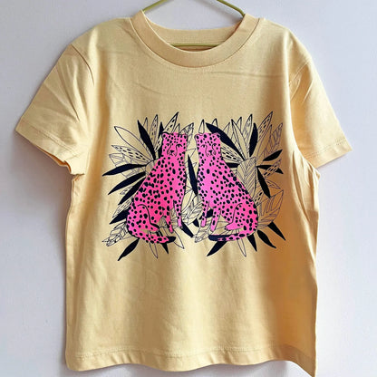 Pale yellow Tshirt with pink twin leopards in leaves Kids Tee by Pinkijones