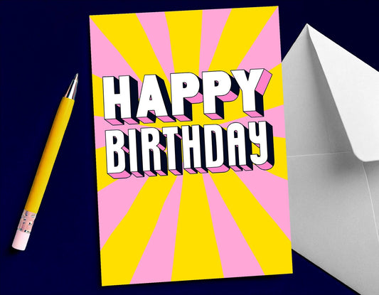 Bold Happy Birthday Card: Bright Yellow & Pink Striped Greeting by Ellen Jane London
