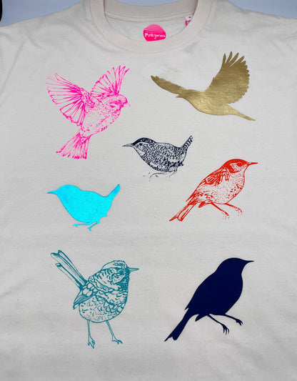 Organic Cotton Boxy T-Shirt: Handprinted Bird Design, Foil Accents by Pinki Jones