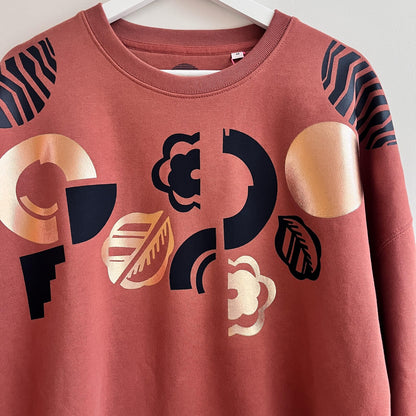 Geometric And Floral Pattern Hand Printed Terracotta Sweatshirt by Pinki Jones