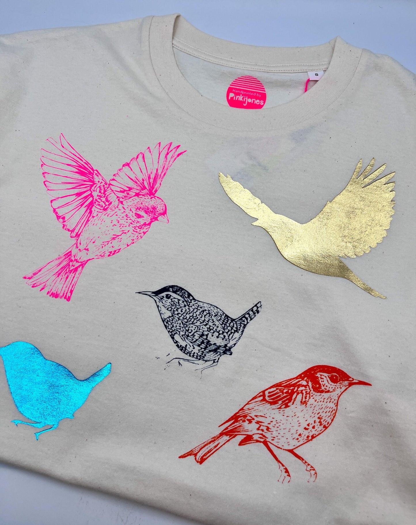 Organic Cotton Boxy T-Shirt: Handprinted Bird Design, Foil Accents by Pinki Jones