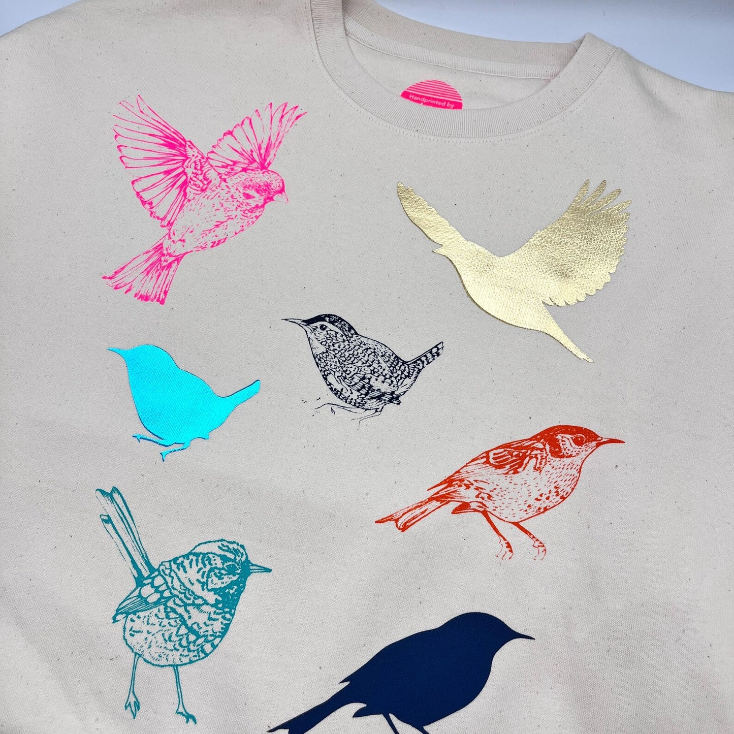 Organic Cotton Boxy T-Shirt: Handprinted Bird Design, Foil Accents by Pinki Jones