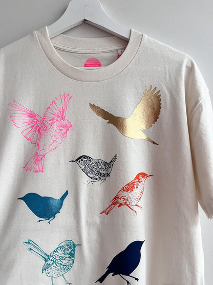 Organic Cotton Boxy T-Shirt: Handprinted Bird Design, Foil Accents by Pinki Jones