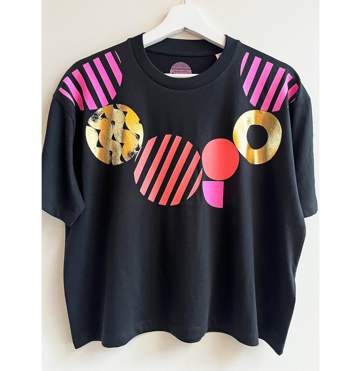 Hand Screen Printed Women’s T-Shirt With Geometric Neon Pink, Coral & Gold Design by Pinkijones