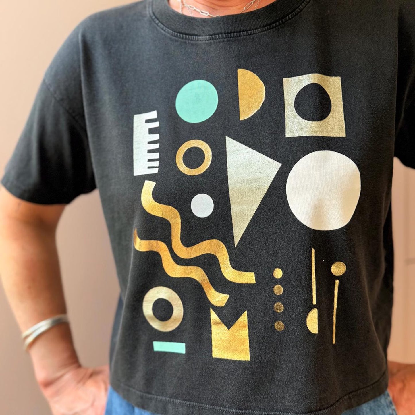 Screen printed Organic Cotton T-Shirt: Geometric shapes, Gold Foil Mint Design by Pinkijones