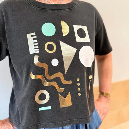 Screen printed Organic Cotton T-Shirt: Geometric shapes, Gold Foil Mint Design by Pinkijones