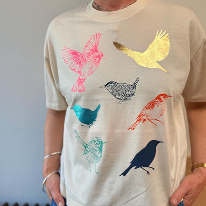 Organic Cotton Boxy T-Shirt: Handprinted Bird Design, Foil Accents by Pinki Jones
