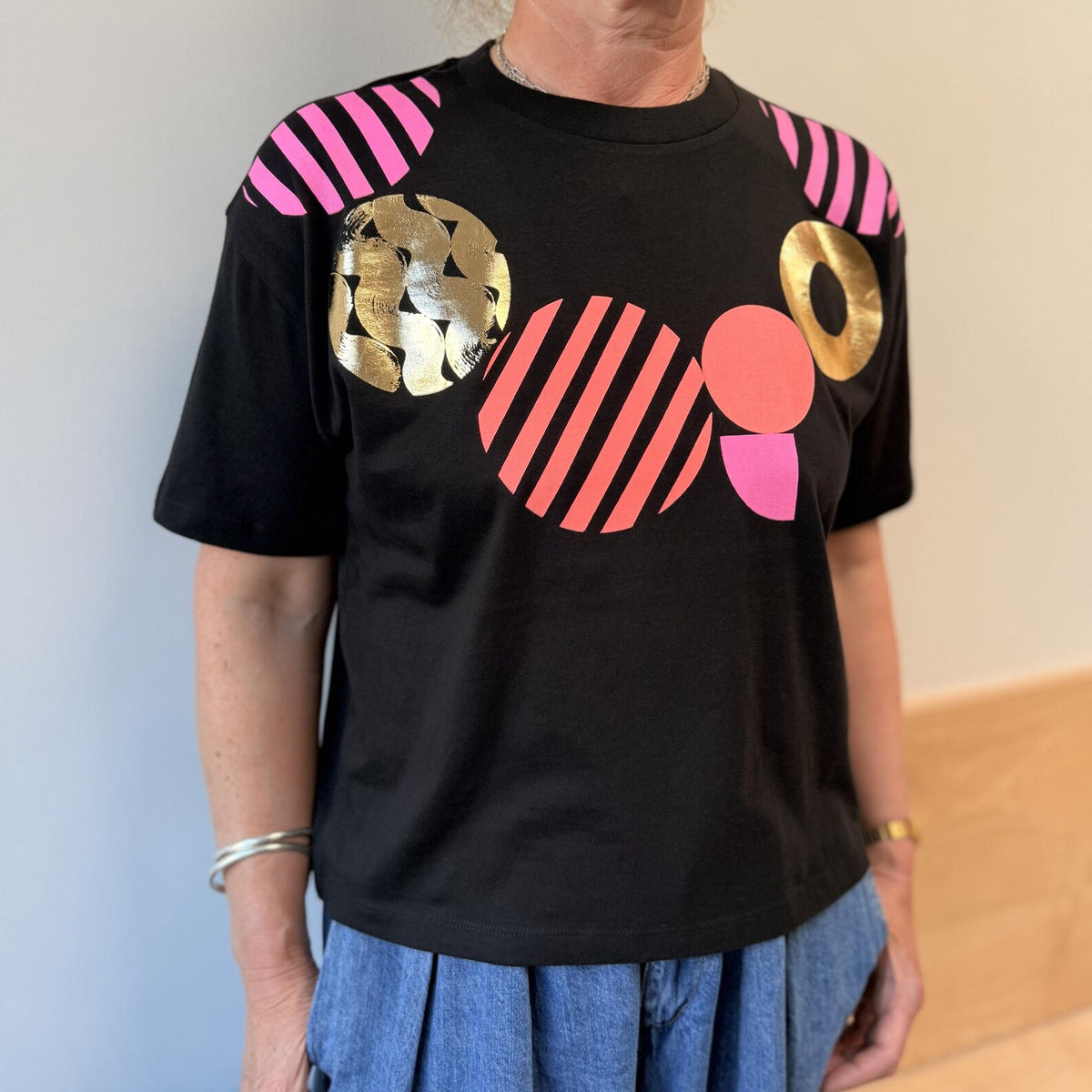Hand Screen Printed Women’s T-Shirt With Geometric Neon Pink, Coral & Gold Design by Pinkijones