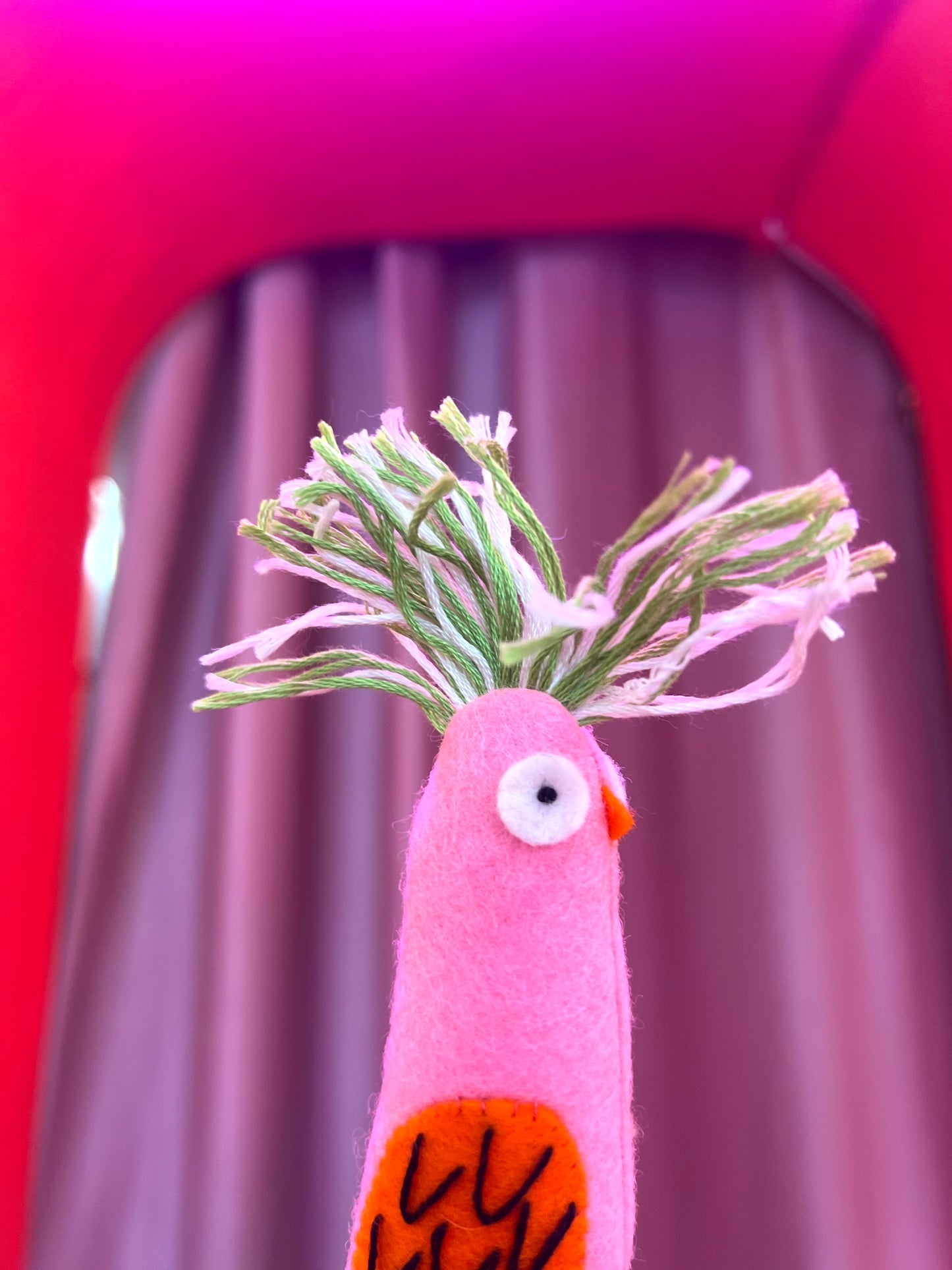 Pink - Green Wool Fantastical Bird Hanging Decoration By Little Flint