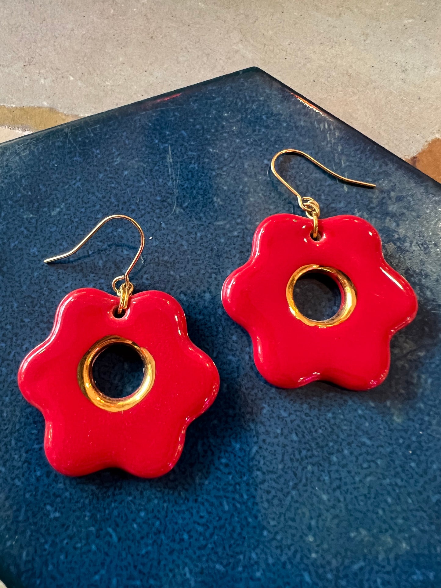 Red Flower Shape Handmade Ceramic Earring by Lili Toth