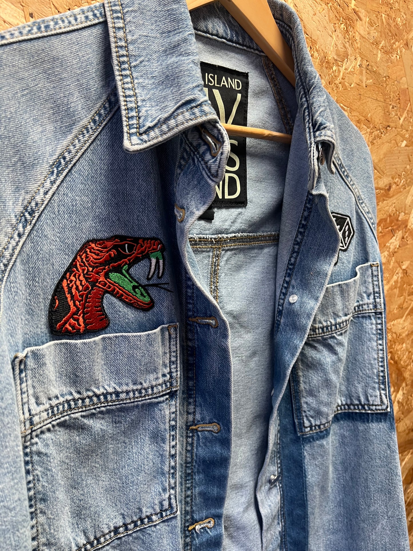 Upcycled Denim Jacket with Snake and Dice Embroidery by Snacks