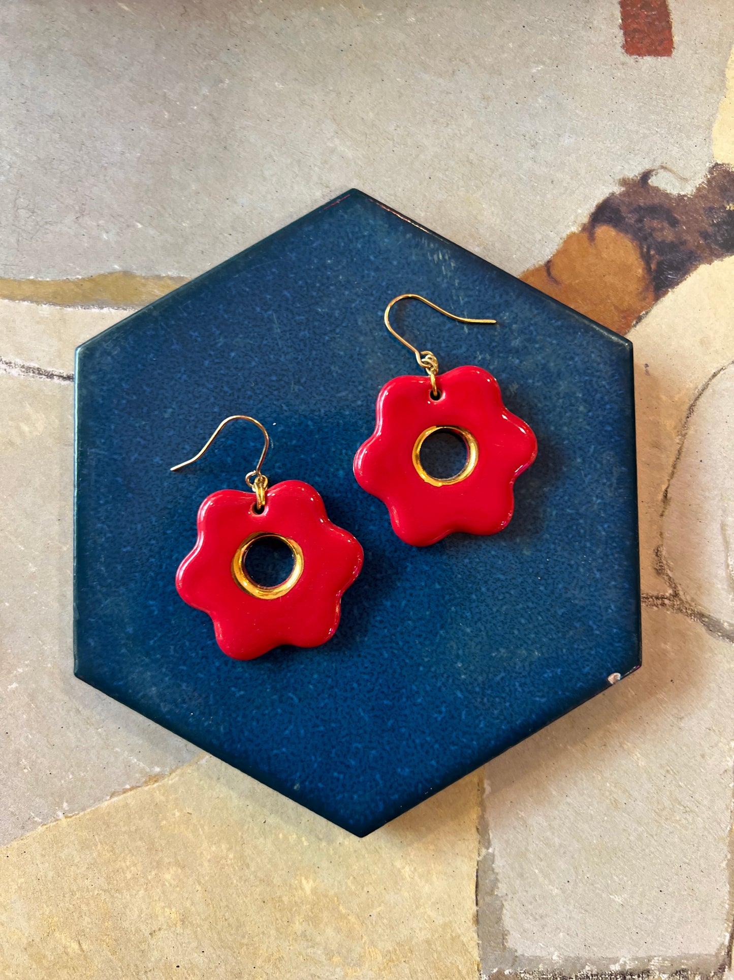 Red Flower Shape Handmade Ceramic Earring by Lili Toth