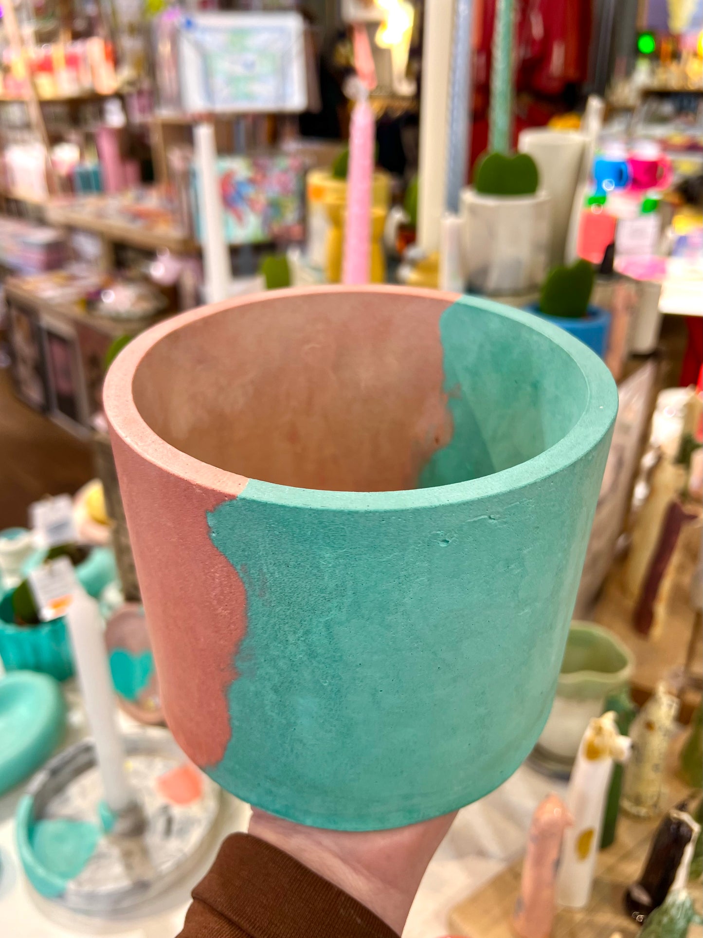 Bicolour turquoise and pink concrete plant pot by Onyx Studio