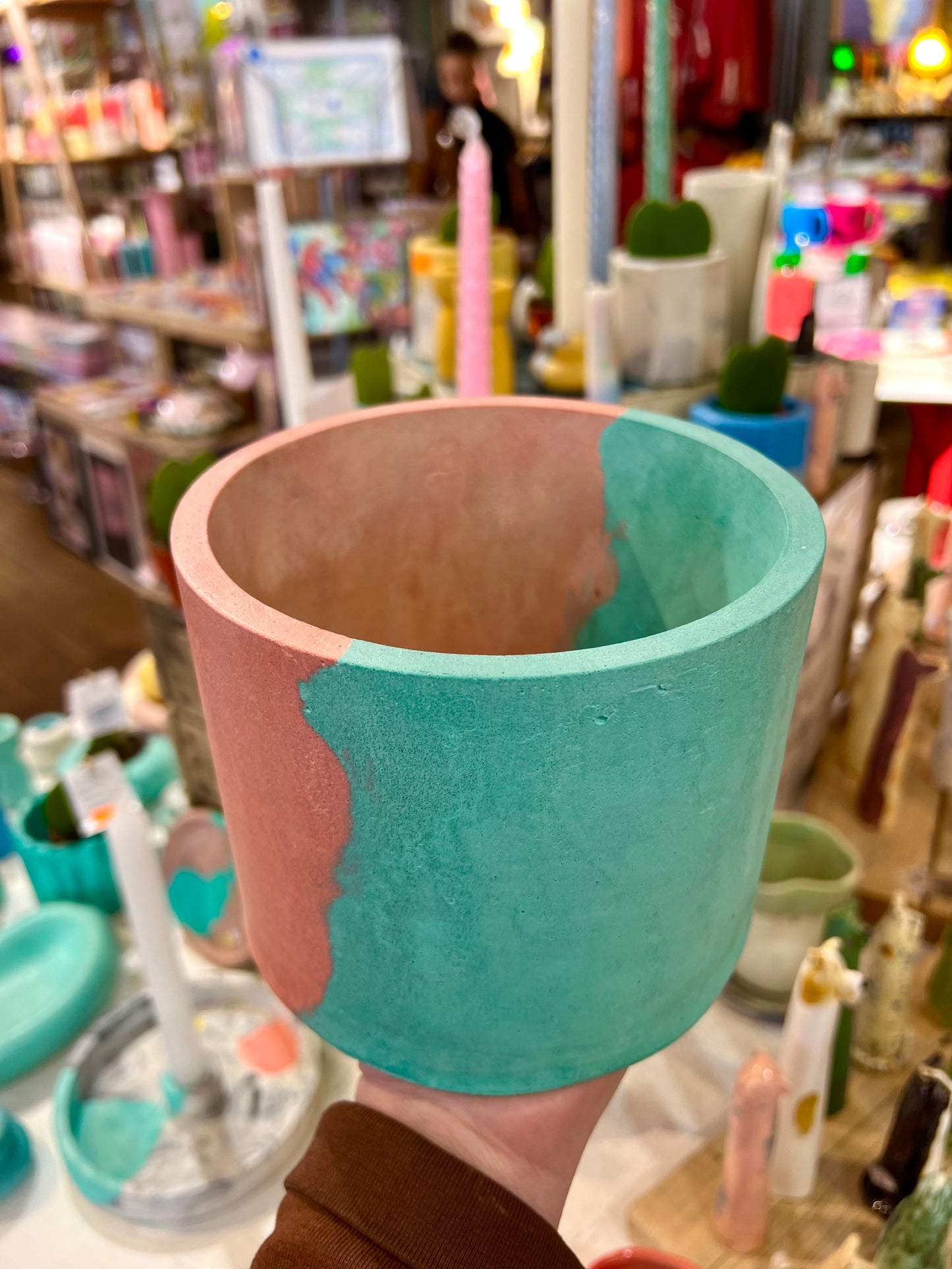 Bicolour turquoise and pink concrete plant pot by Onyx Studio