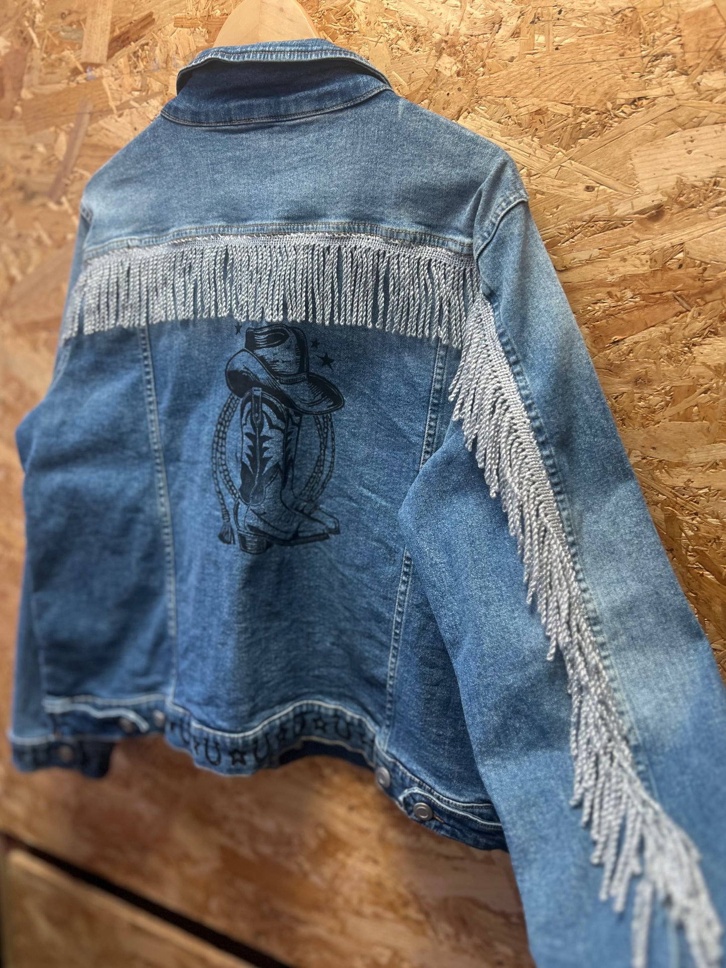 Western inspired, upcycled , hand printed denim jacket by Suzy Riot