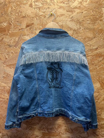 Western inspired, upcycled , hand printed denim jacket by Suzy Riot