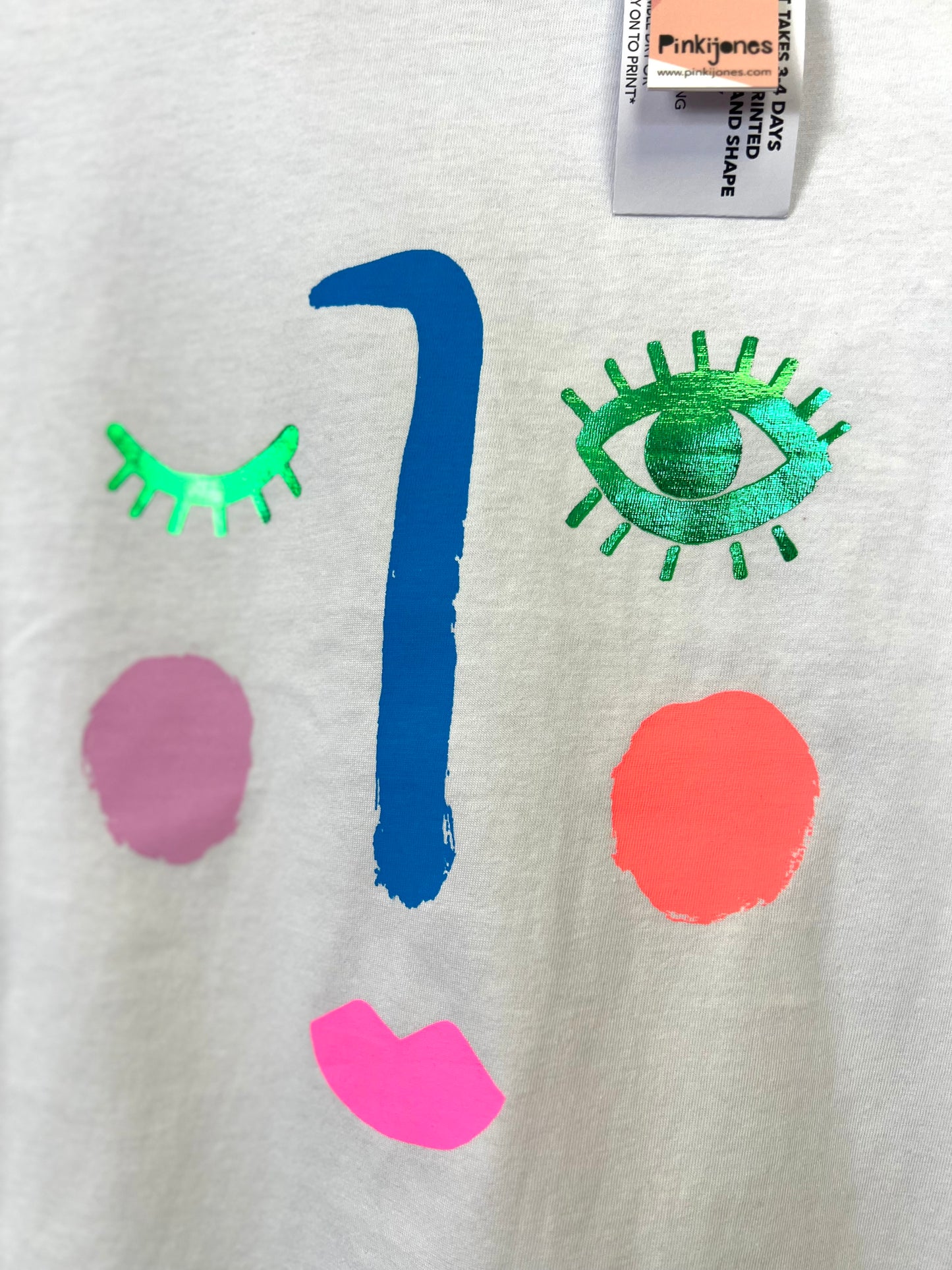 White Face Tank Top T-shirt, Blue Foil, Handprinted, by Pinkijones