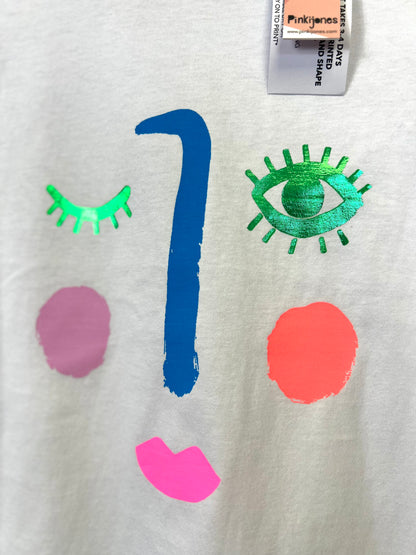 White Face Tank Top T-shirt, Blue Foil, Handprinted, by Pinkijones