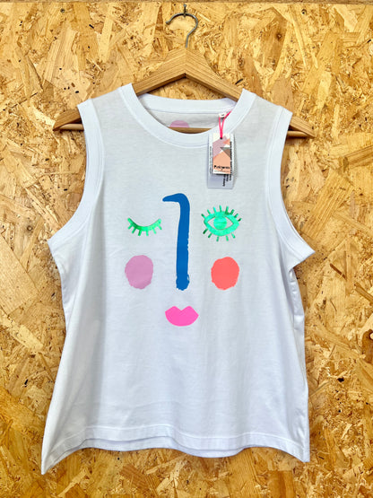 White Face Tank Top T-shirt, Blue Foil, Handprinted, by Pinkijones