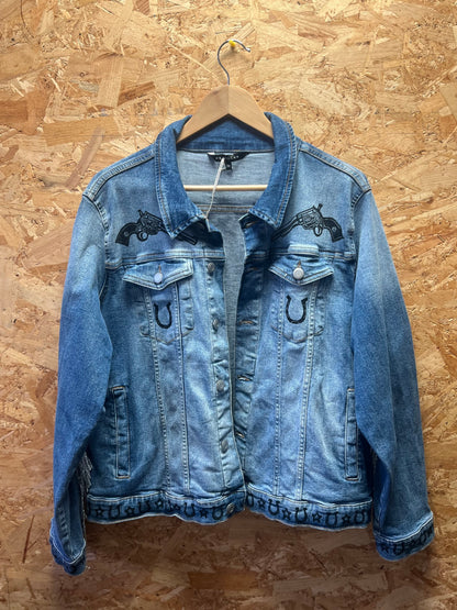 Western inspired, upcycled , hand printed denim jacket by Suzy Riot