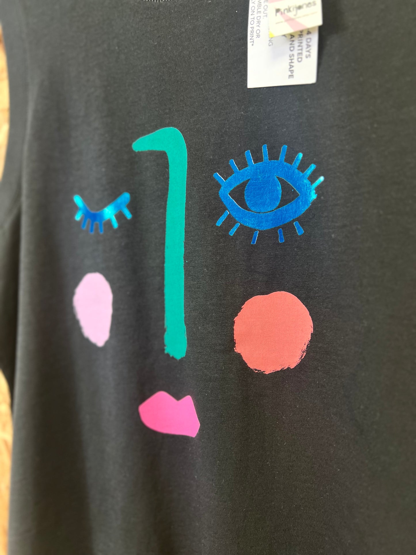 Black, Face Tank Top T-shirt, Blue Foil, Handprinted, by Pinkijones