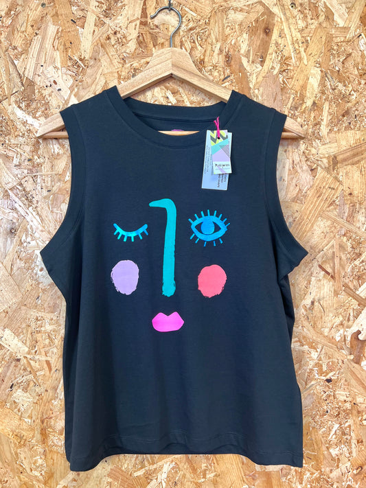 Black, Face Tank Top T-shirt, Blue Foil, Handprinted, by Pinkijones