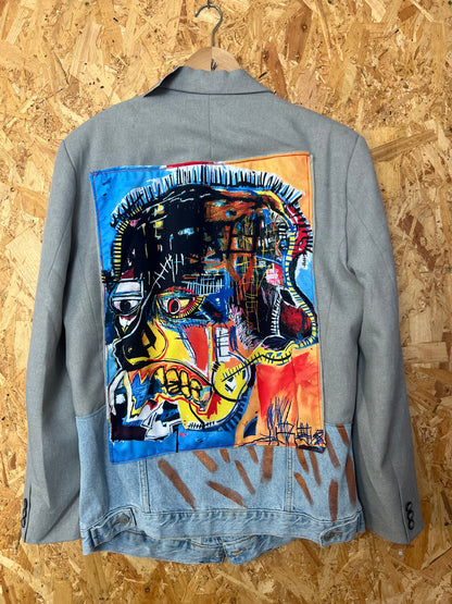 Upcycled White Denim Jacket With Pins And Patches , JM Basquiat Artwork by Snacks