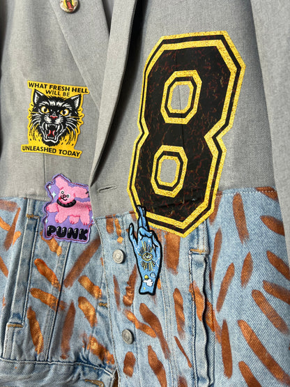 Upcycled White Denim Jacket With Pins And Patches , JM Basquiat Artwork by Snacks