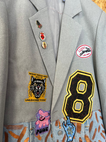 Upcycled White Denim Jacket With Pins And Patches , JM Basquiat Artwork by Snacks