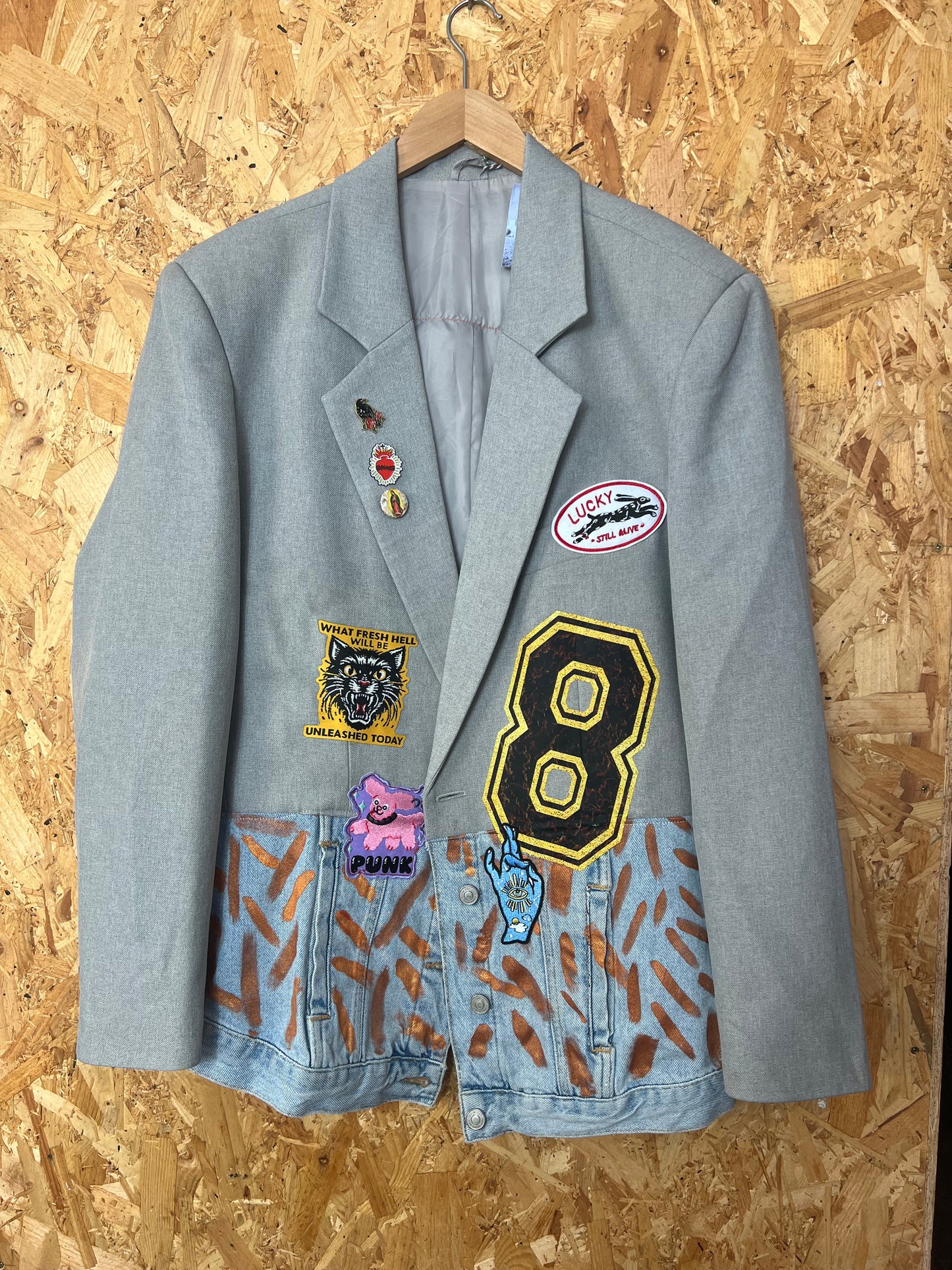 Upcycled White Denim Jacket With Pins And Patches , JM Basquiat Artwork by Snacks