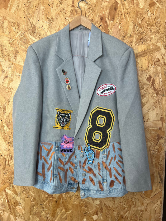 Upcycled White Denim Jacket With Pins And Patches , JM Basquiat Artwork by Snacks