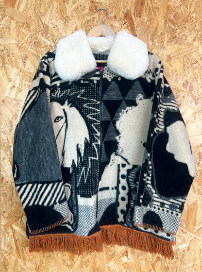 Jacquard Dog Design Jacket With Big Cozy Collar,  Handmade by Szmat Sklad