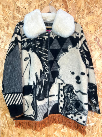 Jacquard Dog Design Jacket With Big Cozy Collar,  Handmade by Szmat Sklad