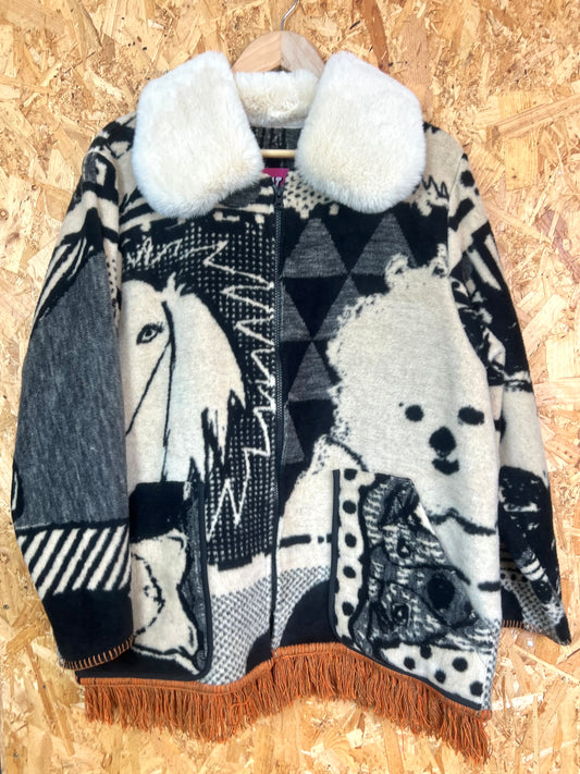 Jacquard Dog Design Jacket With Big Cozy Collar,  Handmade by Szmat Sklad