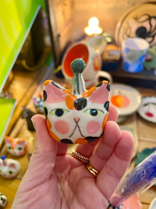 Ceramic Cat Head with Birthday hat by Lili Toth