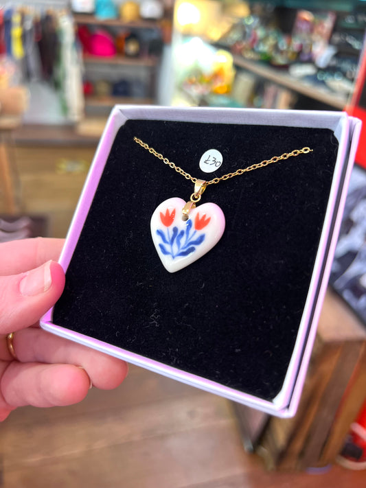 Ceramic Flowers Heart Shaped Necklace by Lili Toth